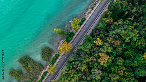 Obraz na płótnie aerial view road between the water and the forest, near Balaton w salonie