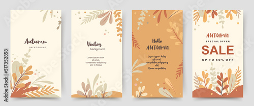Autumn background templates with simple yellow plants and leaves. Vector illustration with floral elements for sale banner, invitation, advertisement, cover, greeting card, social media post and story