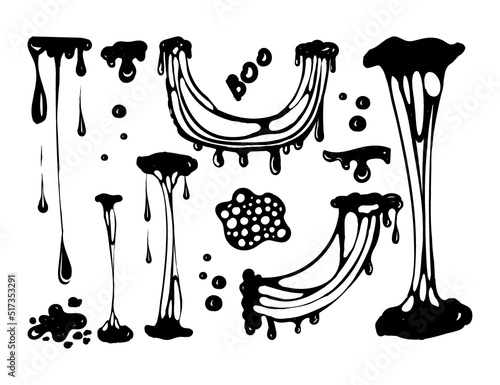A set for working with blobs. Doodle style drawn elements. Black splashes of slime, stretching slime, toxic dripping slime. Slime splatter and droplets, liquid borders. Isolated vector shapes.