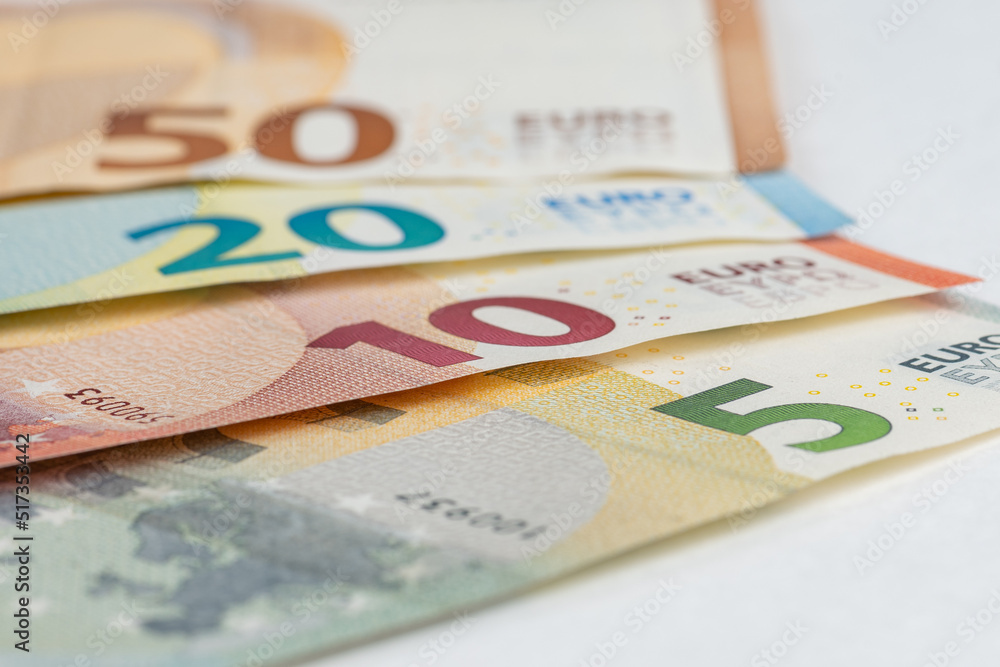 5, 10, 20, 50 euro banknotes. Money on white background