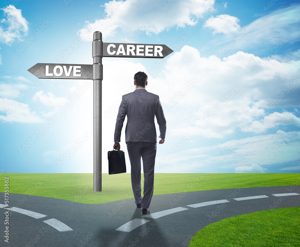 Businessman having hard choice between love and career Businessman having hard choice between love and career