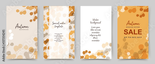 Autumn background templates with simple yellow plants and leaves. Vector illustration with floral elements for sale banner, invitation, advertisement, cover, greeting card, social media post and story