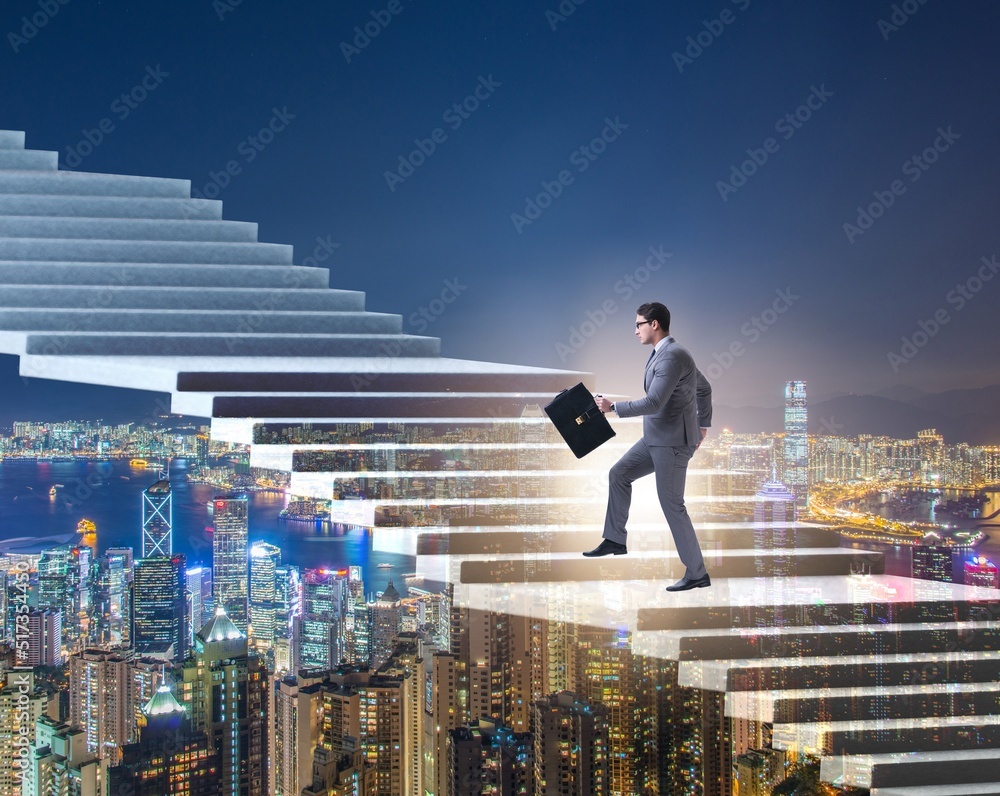 The businessman climbing career ladder over city The businessman climbing career ladder over city