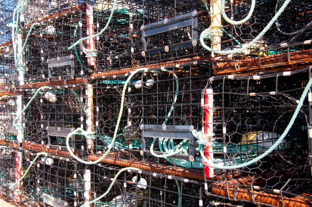 stacked Lobster Cages Maine Coastline