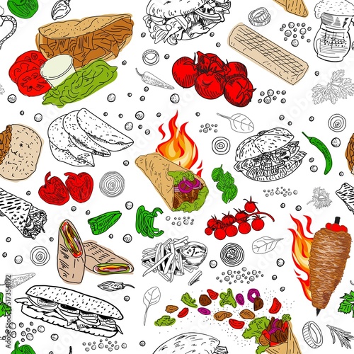 Shawarma cooking and ingredients for kebab. Seamless pattern. Vintage design template, banner. Vector.