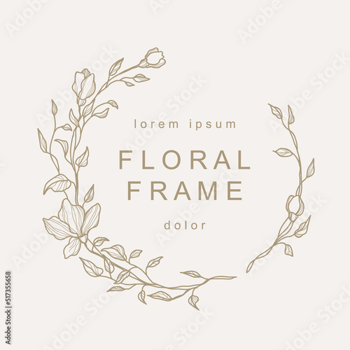 Elegant circle floral frame. Hand drawn logo template in line art with flowers. Vintage botanical wreath. Vector illustration for labels, branding business identity, wedding invitation