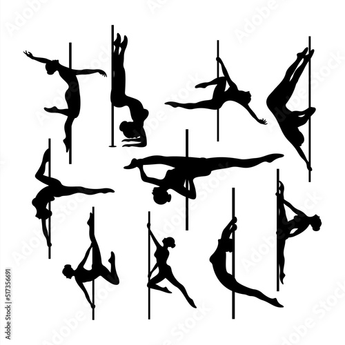 Set of a silhouette pole dance logo illustration. Vector of girl and pole suitable for logotype, icon, logo, banner, brand, clothes and etc