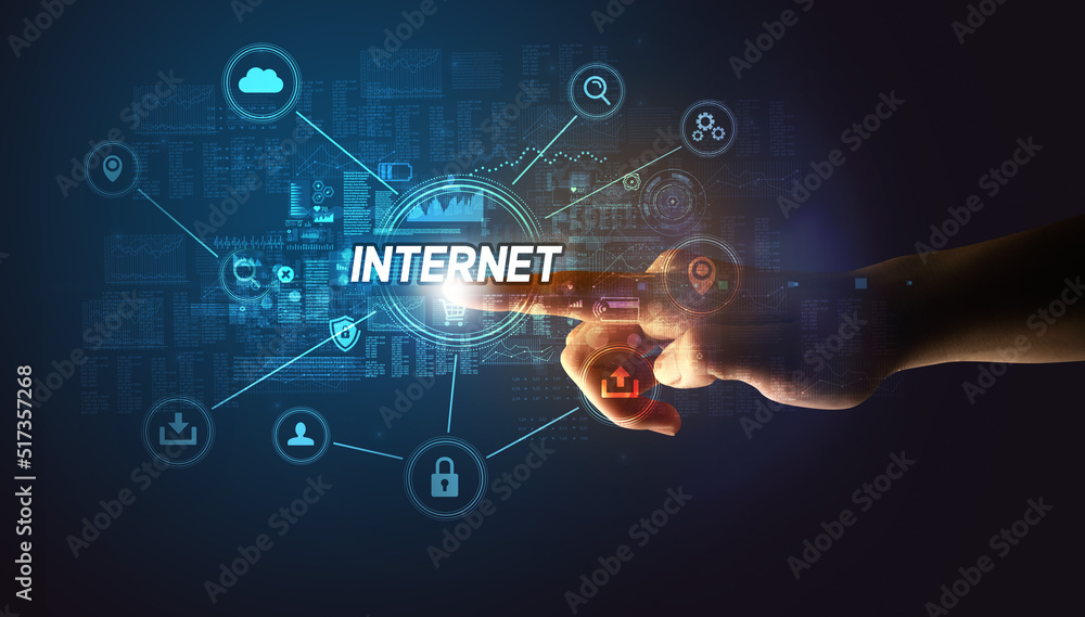 Obraz premium Hand touching cybersecurity button concept concept