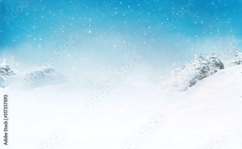 Christmas Frosty Fantastic Background. Winter Epic Landscape. Celtic Medieval forest and mountain. Frozen nature. Mystic Valley. Artwork sketch. Gaming RPG. Book cover, poster, banner, postcard, stamp