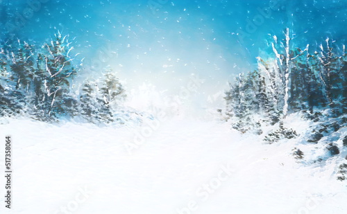Christmas Frosty Fantastic Background. Winter Epic Landscape. Celtic Medieval forest and mountain. Frozen nature. Mystic Valley. Artwork sketch. Gaming RPG. Book cover, poster, banner, postcard, stamp