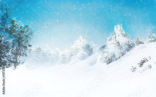 Christmas Frosty Fantastic Background. Winter Epic Landscape. Celtic Medieval forest and mountain. Frozen nature. Mystic Valley. Artwork sketch. Gaming RPG. Book cover, poster, banner, postcard, stamp © Abstract51