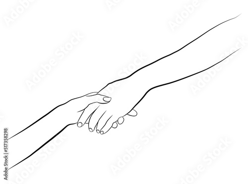 The doors of the hand are a black line. Holding hands. By drawing a single line on a white background. Vector illustration.