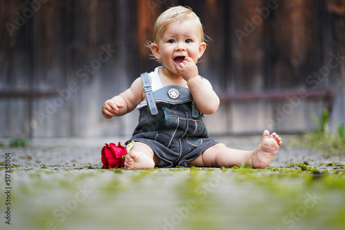 happy smiling one year old baby boy sitting or crawling in bavarian lether pants called Lederhosn outdoor on the floor with a red rose to congratulate for birthday 