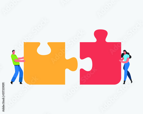 Teamwork successful together concept. Marketing content. Harmonious business people Holding the big jigsaw puzzle piece. Flat cartoon illustration vector graphic design on white background.