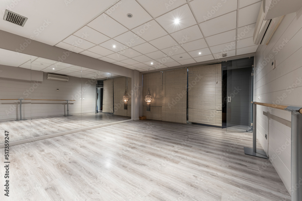 dance workout room with a mirror covered wall and wooden hallways with hardwood floors and retractable blinds dance workout room with a mirror covered wall and wooden hallways with hardwood floors and retractable blinds