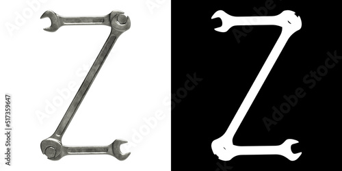 Letter Z made of used metal wrenches, isolated on white with clipping mask, 3d rendering