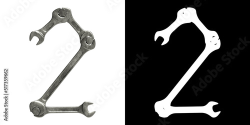 Number 2 made of used metal wrenches and nuts, isolated on white with clipping mask, 3d rendering