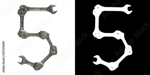 Number 5 made of used metal wrenches and nuts, isolated on white with clipping mask, 3d rendering