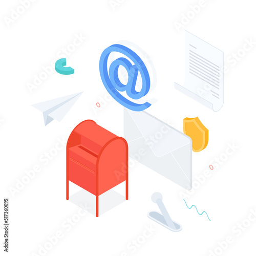 E-mail, mail, letter, ad, send, write, document, correspondence, envelope. Isometric vector illustration flat design isolated. Outline, linear style, line art, editable stroke.