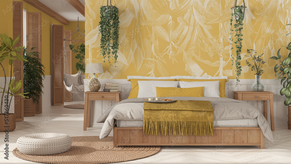 Farmhouse wooden bedroom in boho style in white and yellow tones