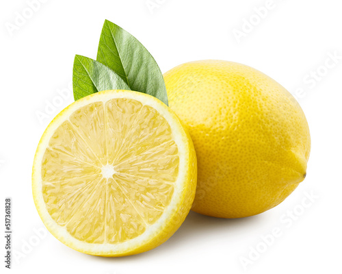 Delicious lemons with leaves, isolated on white background