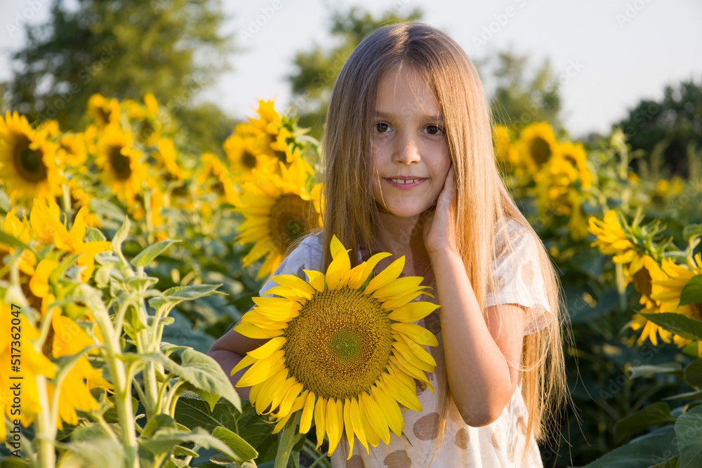 Little girl on the field with sunflowers blurred background Little girl on the field with sunflowers blurred background