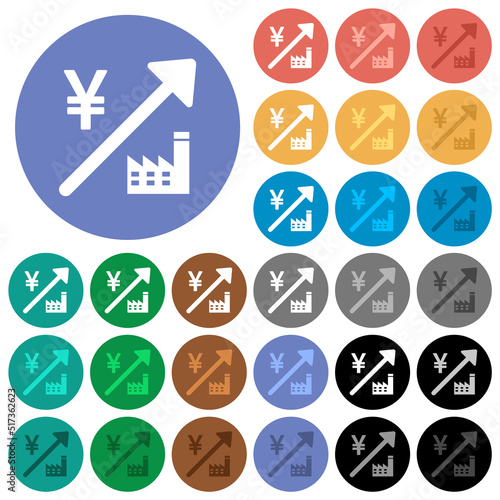 Rising power plant japanese Yen prices round flat multi colored icons