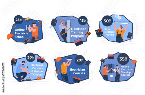 Electrician courses training promo badge sale discount set vector flat illustration