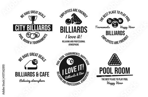 Pool room city billiards monochrome black circle badge advertising set vector illustration