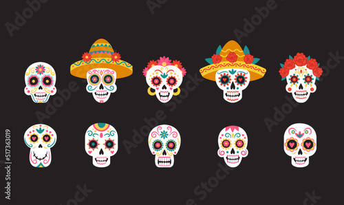 Mexico Dead Day. Catrina death skull. Halloween Calavera flower hat. Dia Muertos party. Mexican or Latin holiday symbols set. Heads with sombrero or wreath. Vector background design
