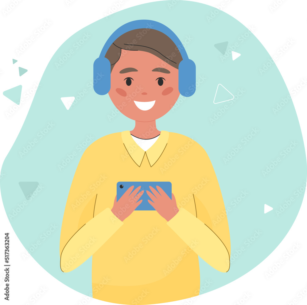 Mobile education. Little boy learning online using cell phone. Kid holding phone and watching video. Modern communication technology flat vector illustration Mobile education. Little boy learning online using cell phone. Kid holding phone and watching video. Modern communication technology flat vector illustration
