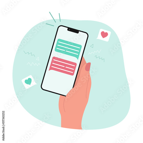 Text messages on a smartphone. A person sending a declaration of love. Phone in hand. Vector illustration.