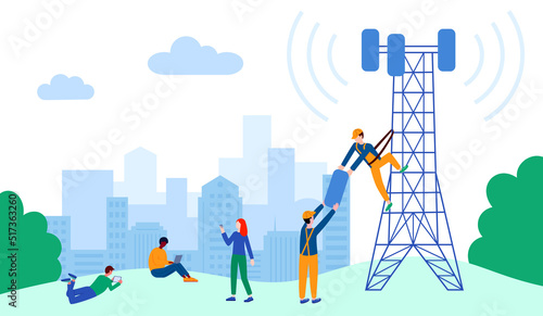 5G tower signal. Mobile communication internet and wifi. Computer and phone connection. Workers building telecommunication equipment. Wireless network users. Vector cartoon illustration