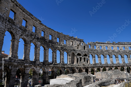 Pula, Croatia - 07 07 2022: Photography of ancient walls and architectural detail of arena in Pula from Roman period. photo