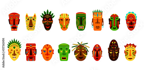 African carnival masks. Hawaiian ethnic faces. Aztec or Africa animal heads. Bird and human idols. Indigenous tribal totem. accessories set. Vector illustration collection