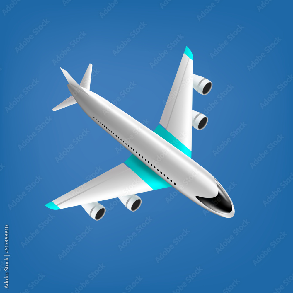 Vector realistic image of an airplane on a blue background. Illustration of the operation of the aircraft . Symbol of speed, flight, movement Vector realistic image of an airplane on a blue background. Illustration of the operation of the aircraft . Symbol of speed, flight, movement