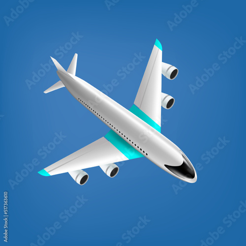 Vector realistic image of an airplane on a blue background. Illustration of the operation of the aircraft . Symbol of speed, flight, movement