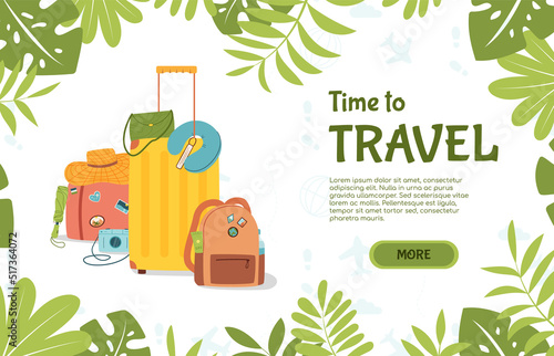 Summer travel suitcase. Tropical resort hotel. Summertime vacation. Safety tourism on fun beach. Luggage and ticket. Time to adventure. Baggage and leaves. Vector illustration background