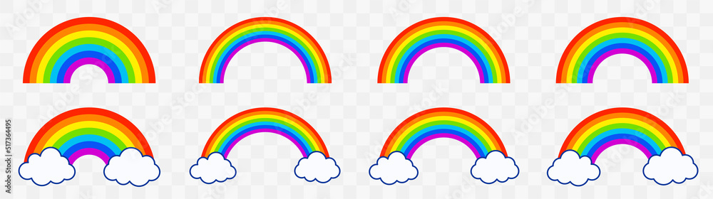 Colorful rainbows icons set. Collection classic rainbow. Red, orange, yellow, green, blue and purple colour. Rainbow with white cloud. - obrazy, fototapety, plakaty 