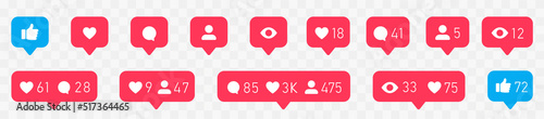 Like social network icons. Like, thumb up and heart collection. Buton for social media. Follower notification symbol. photo