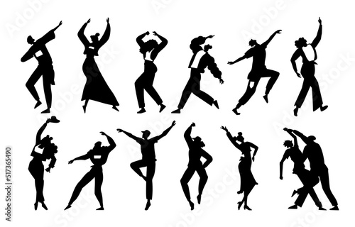 People dance silhouettes. Party person shadows. Disco crowd dancers. Happy man and woman black figures. Music concert. Choreography positions. Body motions set. Vector performers actions