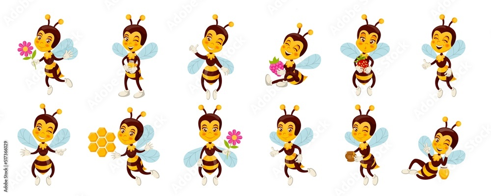 Cartoon bee character set. Cute flying bug mascot with honey for good recipes, hold berries and flowers, funny happy drink, farm delivery and organic nature. Vector children illustration