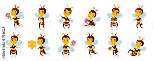 Cartoon bee character set. Cute flying bug mascot with honey for good recipes, hold berries and flowers, funny happy drink, farm delivery and organic nature. Vector children illustration