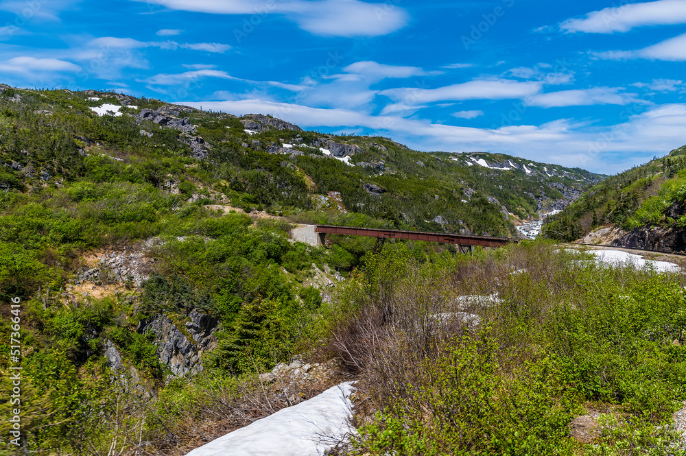 A view of a bridge over a ravine from a train on the White Pass and Yukon railway near Skagway, Alaska in summertime A view of a bridge over a ravine from a train on the White Pass and Yukon railway near Skagway, Alaska in summertime