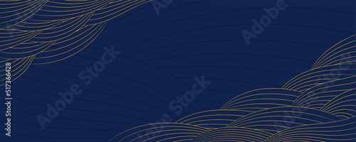 Traditional Asian abstract background with wavy lines, gold and blue. Hand drawn vector illustration. Oriental style design. Concept for Mid Autumn Festival, Chinese New Year card, poster, banner.