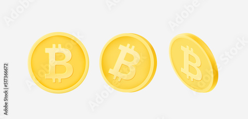 Gold bitcoin coins set isolated on white background. Vector 3d illustration