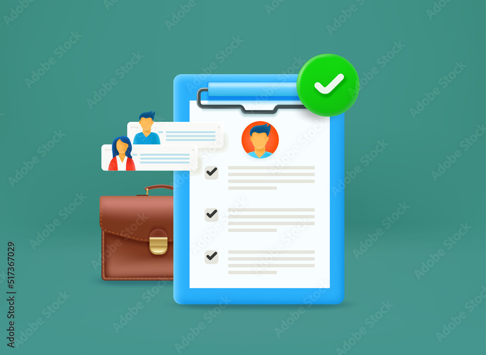 Business interview concept with suitcase and list of specification. 3d vector icon Business interview concept with suitcase and list of specification. 3d vector icon
