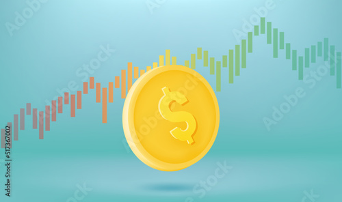 Dollar growing concept with exchange rate graphic. Vector 3d illustration