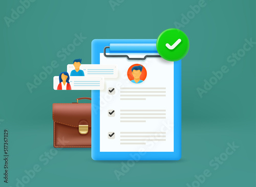Business interview concept with suitcase and list of specification. 3d vector icon