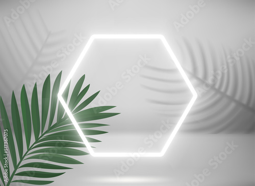 Bright stage with neon frame and palm leaves. 3d vector illustration
